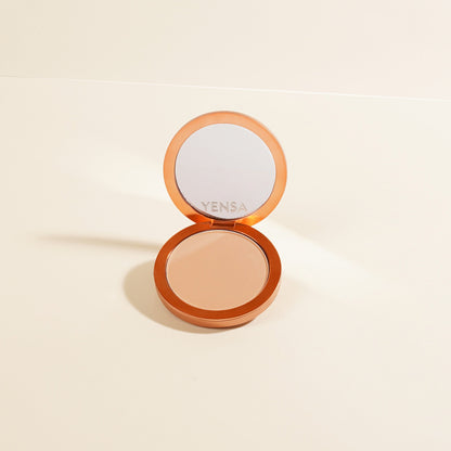 Silk matte powder foundation compact with open lid and VENSА logo, peach-beige pan