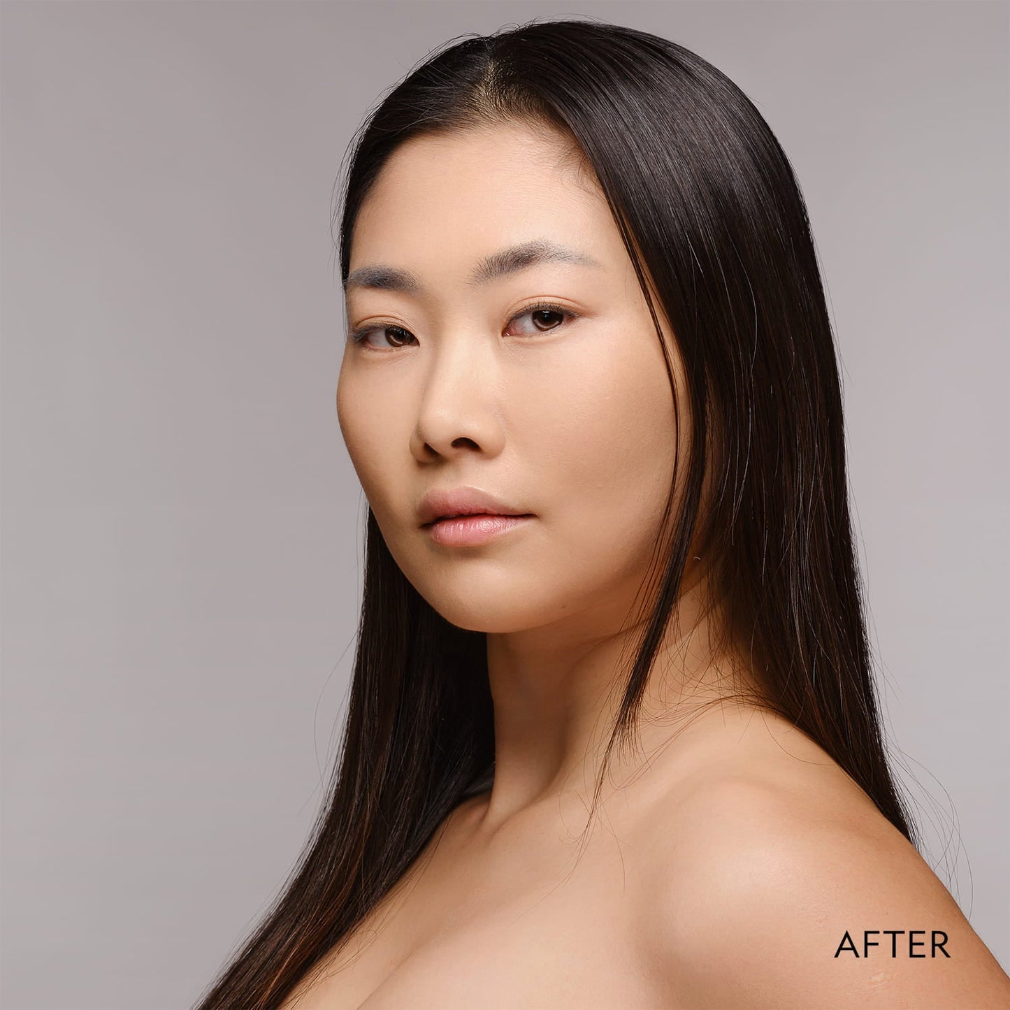 Woman face with matte powder foundation finish, marked AFTER in corner