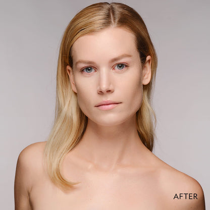 Woman wearing powder foundation with smooth matte look, after application