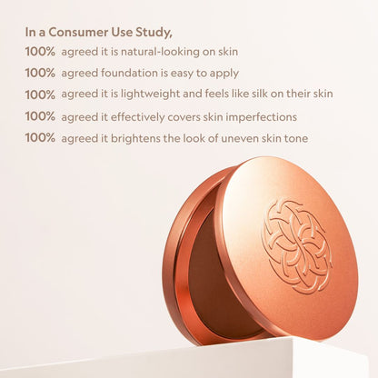 Bronze pressed powder compact with embossed logo and open lid, alongside another container