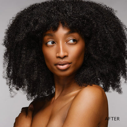 Model wearing matte powder foundation on face, showing smooth coverage