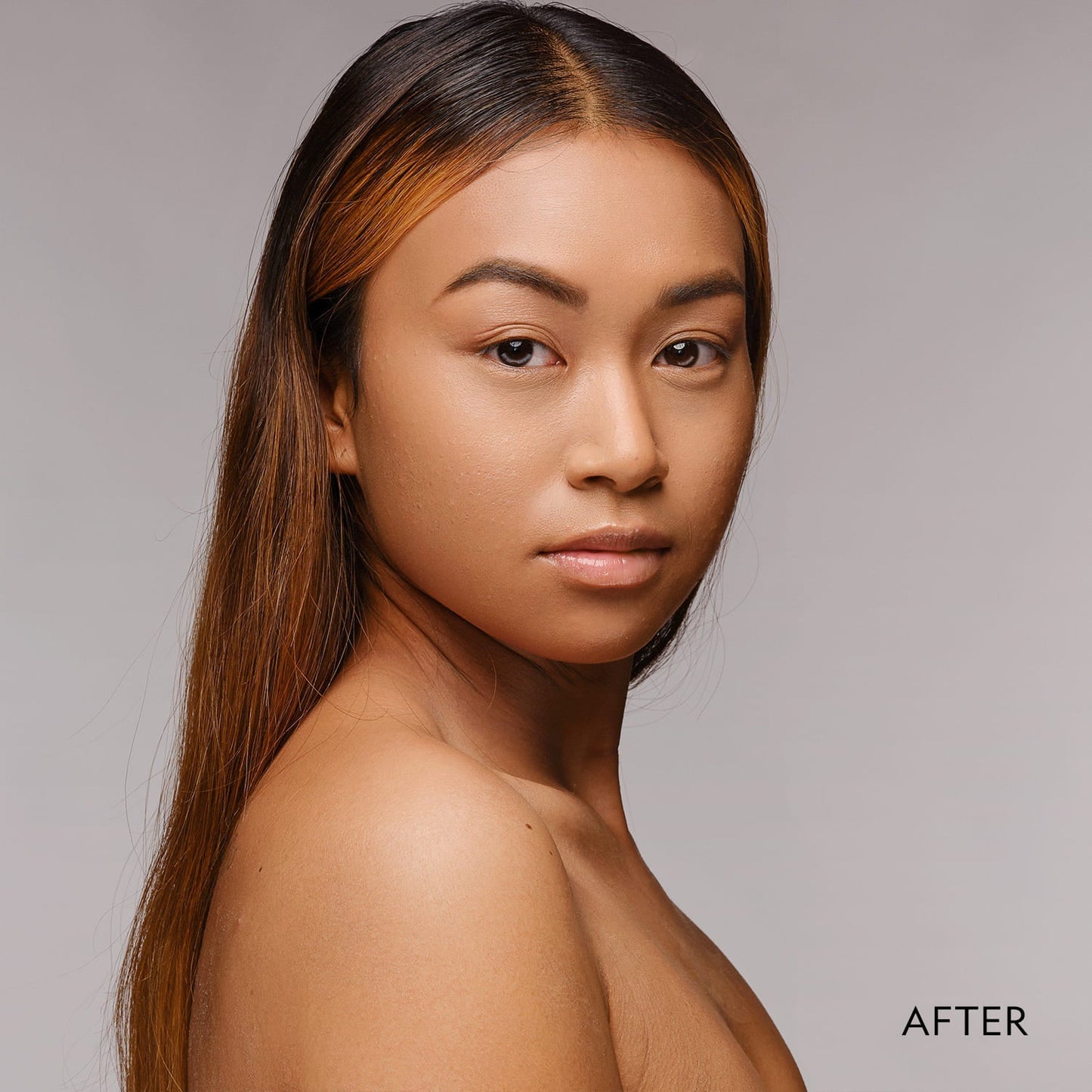 Matte powder foundation finish on face with even skin tone