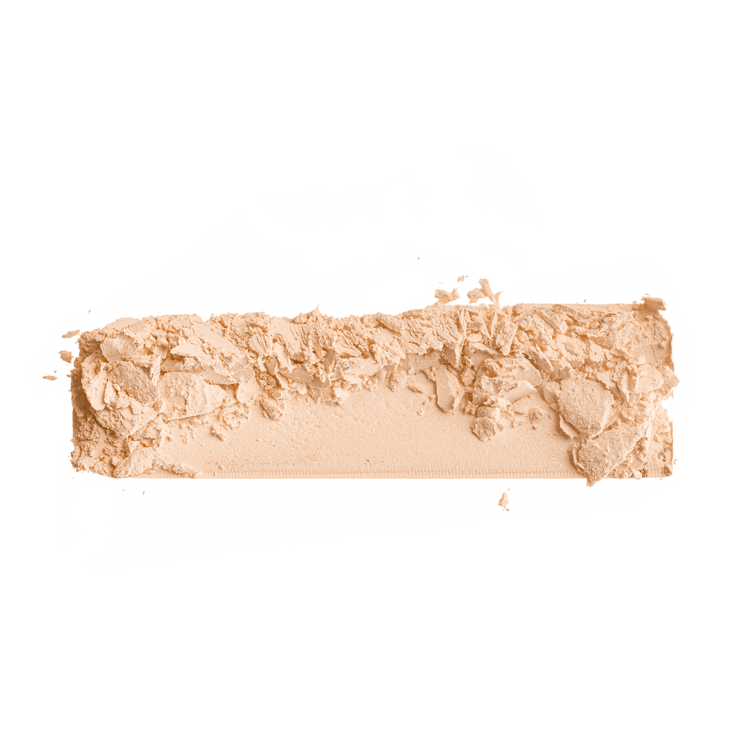Powder foundation shade swatch, light peach-beige matte powder with textured surface