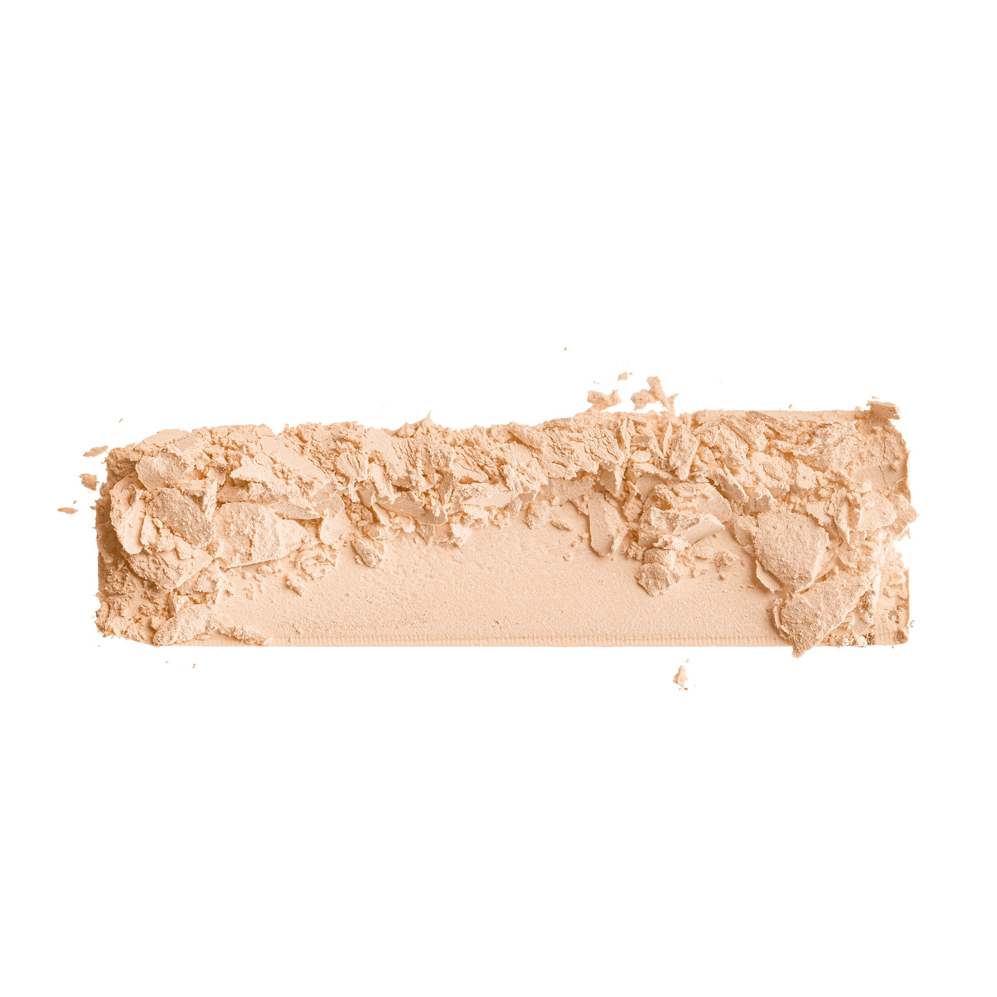 Powder foundation shade swatch, light peach-beige matte powder with textured surface