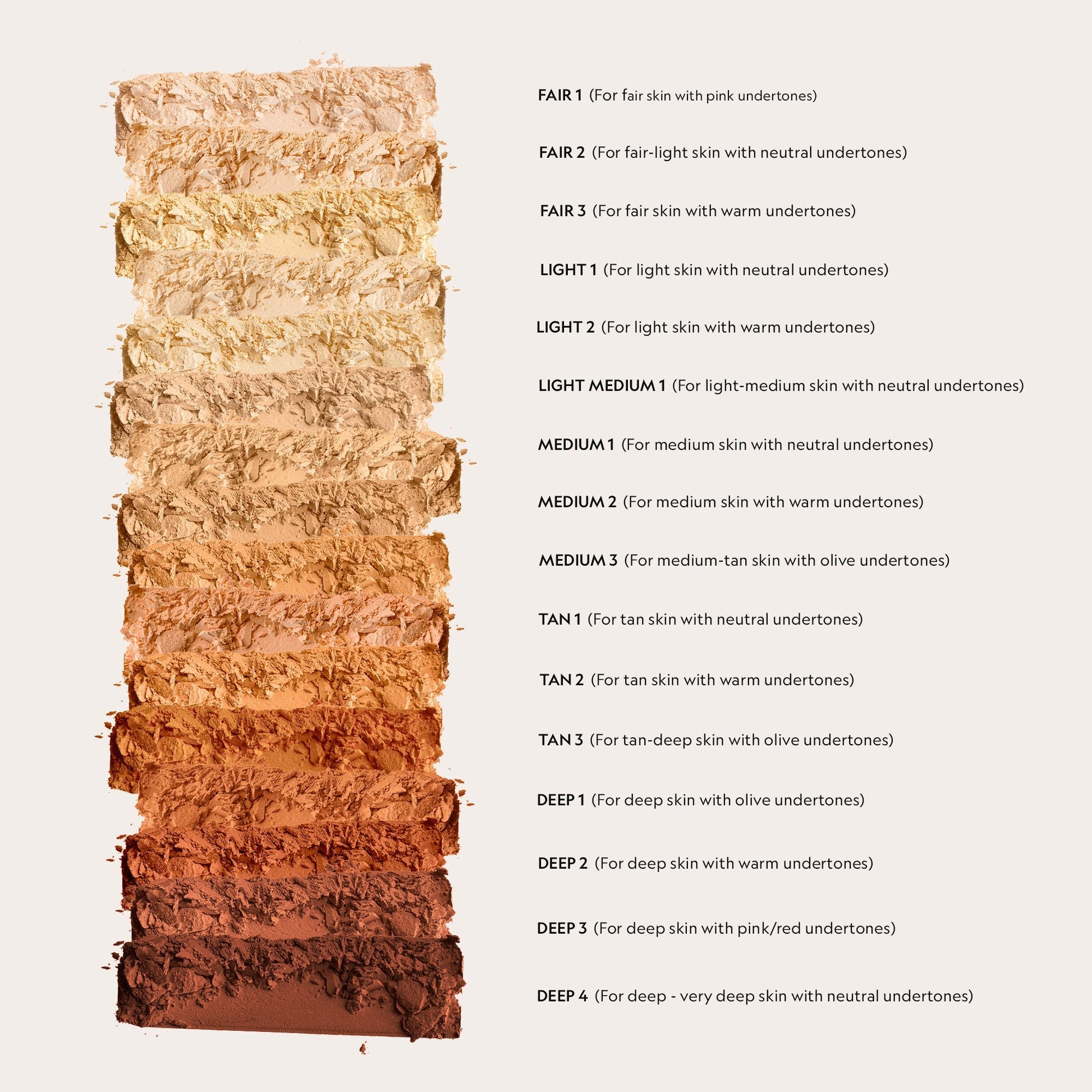 Powder foundation shade chart with multiple swatches from fair to deep