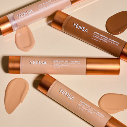 Silk serum foundation tubes and beige liquid swatches