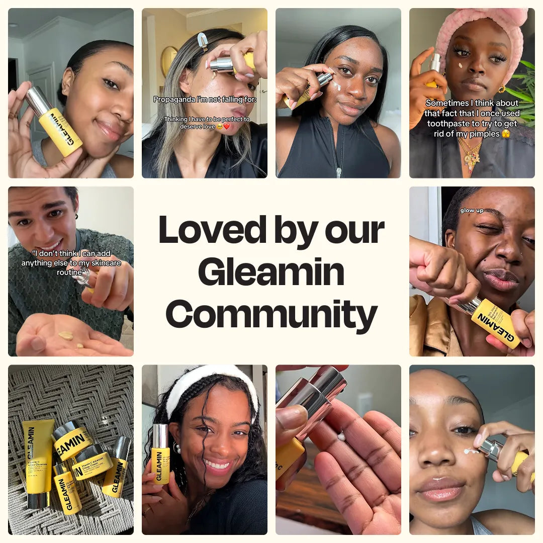 Skincare community collage of women applying the face serum with the yellow bottle