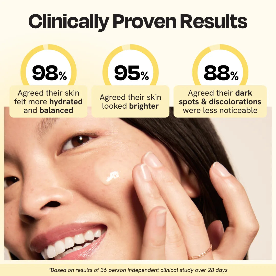 Woman applying face serum on cheek with clinically proven results graphic