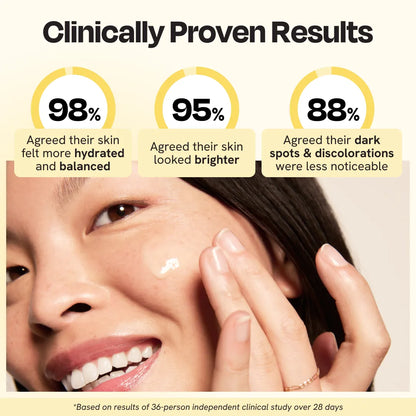 Woman applying face serum on cheek with clinically proven results graphic