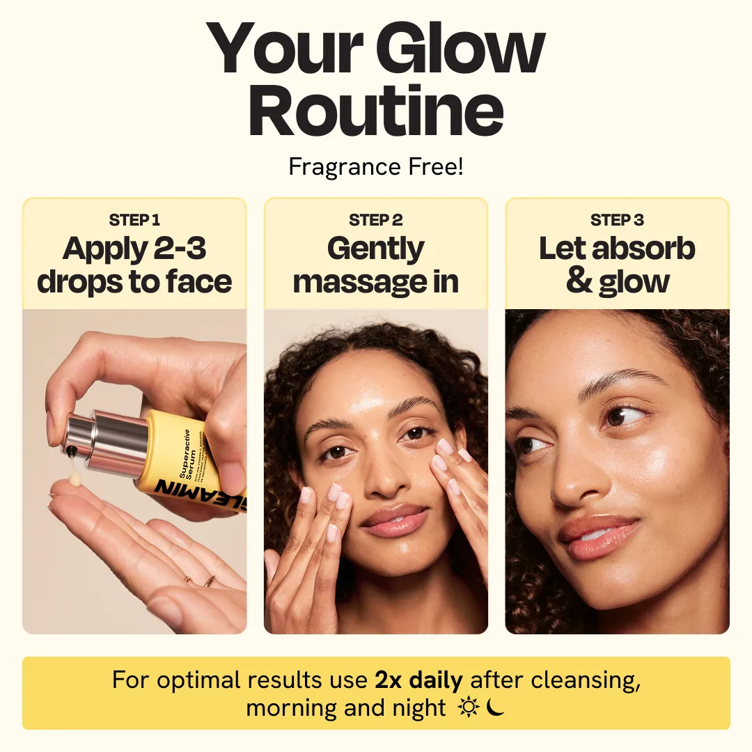 Skincare routine graphic showing serum drops being applied to a woman’s face