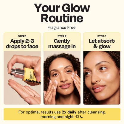 Skincare routine graphic showing serum drops being applied to a woman’s face