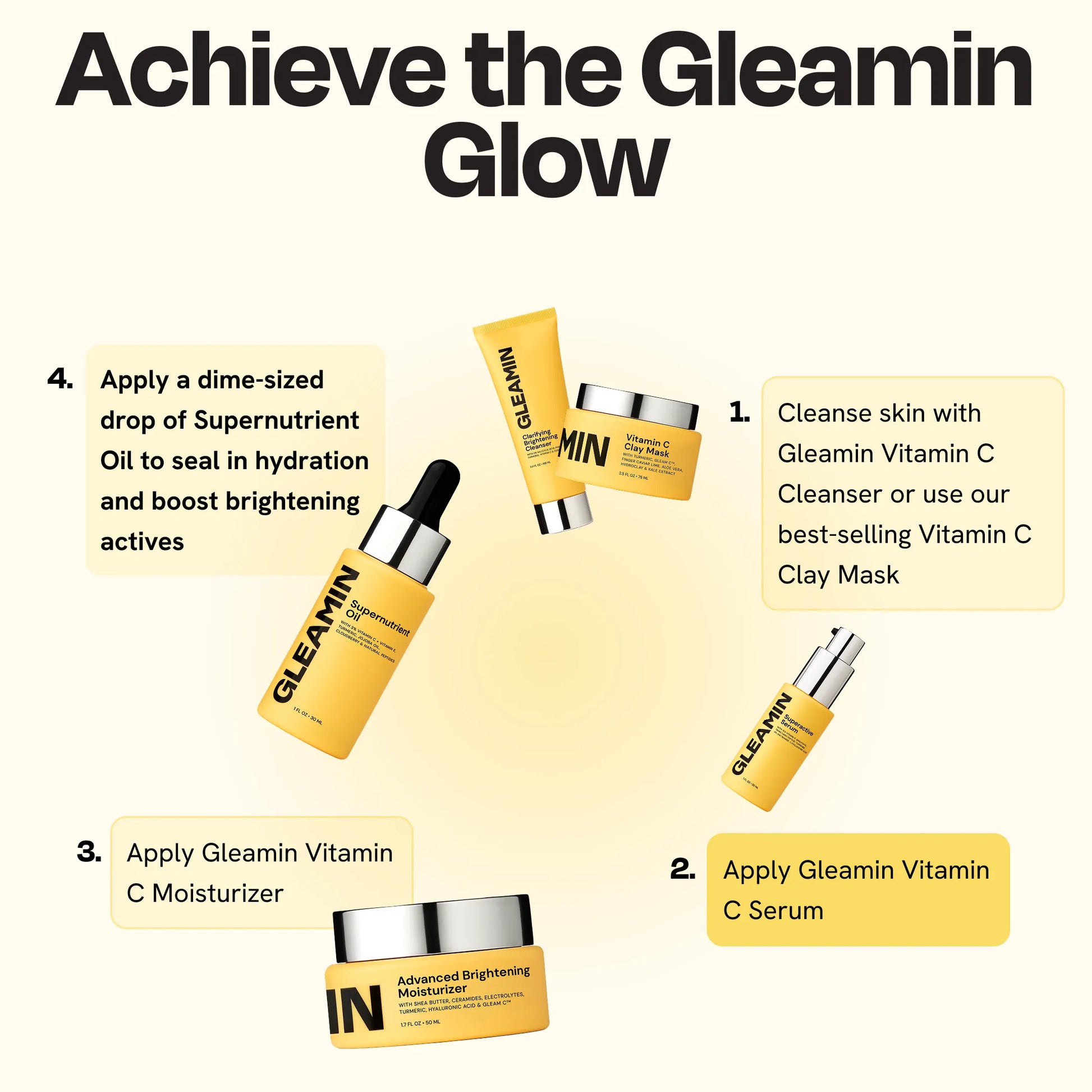 Vitamin C face serum bottle with dropper, yellow label and clear glass