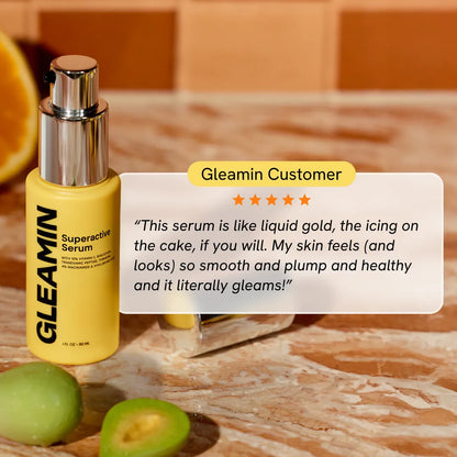 GLEAMIN Superactive Serum bottle on a stone surface with customer rating graphic