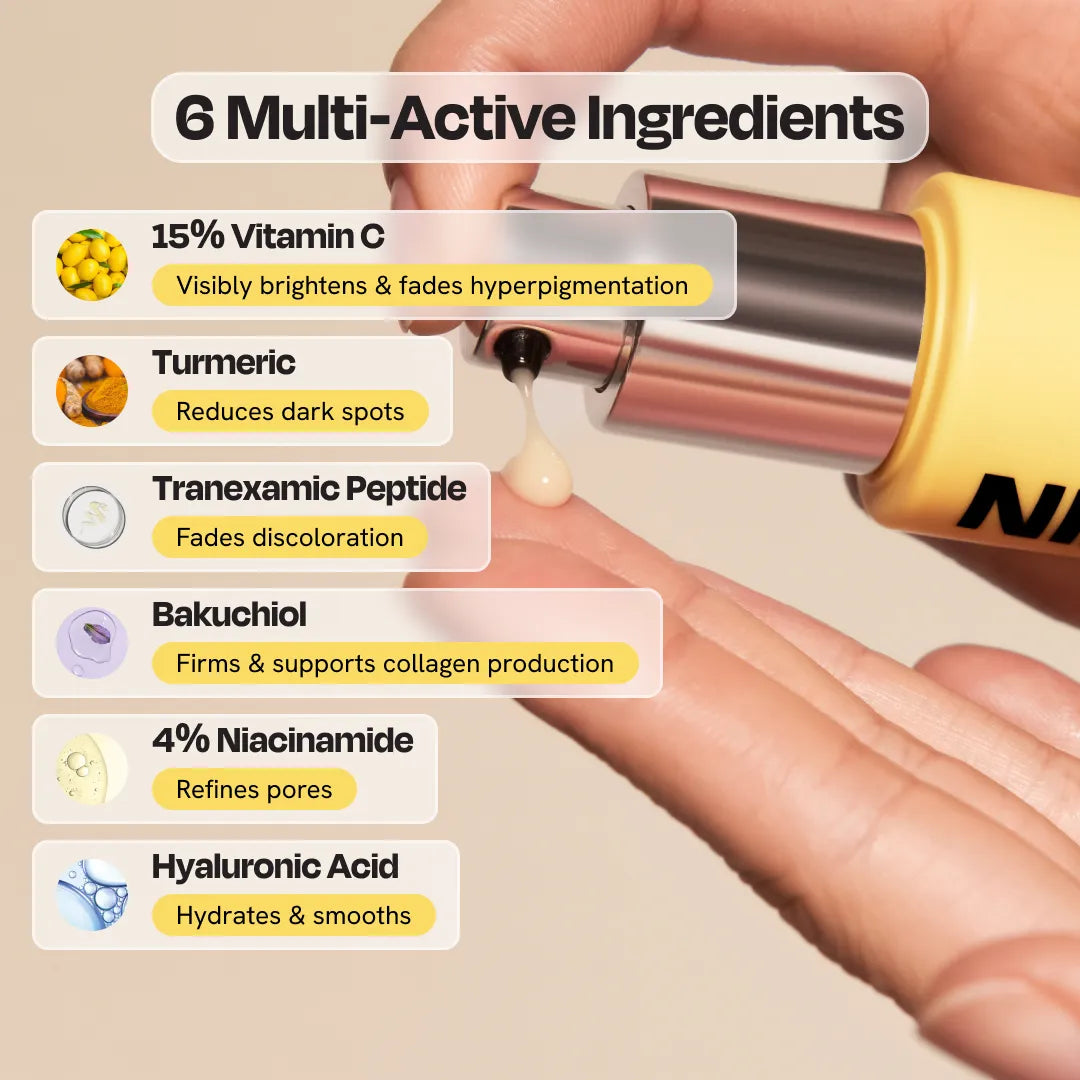 Serum bottle with yellow liquid drop applied over hand; multi-ingredient graphic
