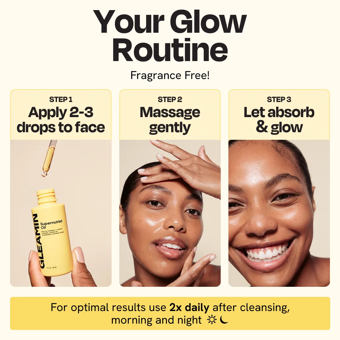 Facial oil routine layout with bottle and hands applying to face