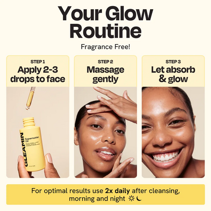 Facial oil routine layout with bottle and hands applying to face