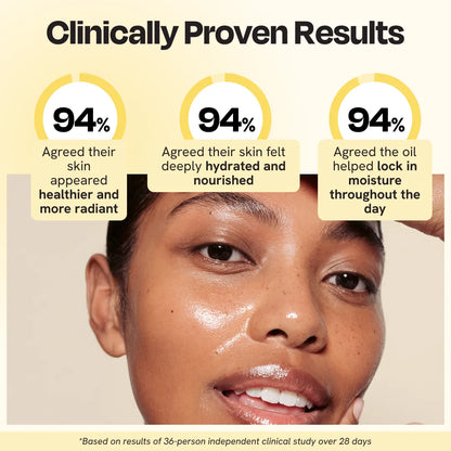 Facial oil applied on face, person wearing glossy hydrated skin