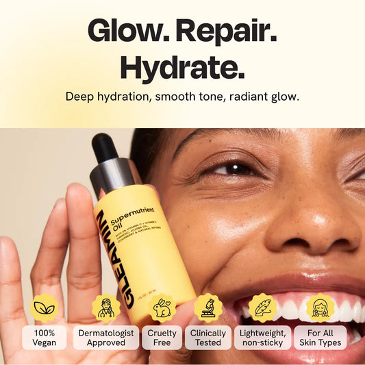 Facial oil bottle in hand near cheek and smile