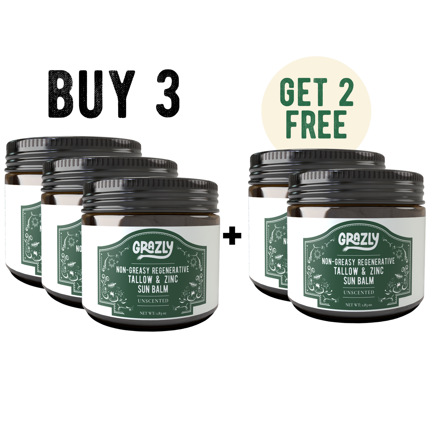 Three unscented sun balm jars with Get 2 Free badge