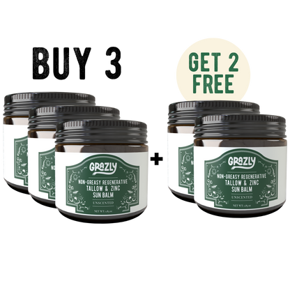 Three unscented sun balm jars with Get 2 Free badge
