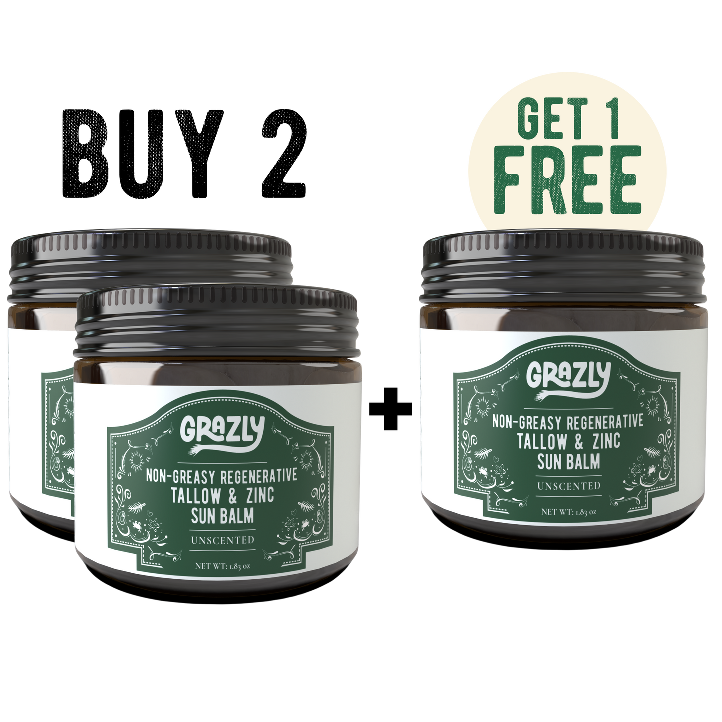 Two unscented sun balm jars with Get 1 Free badge
