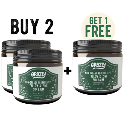 Two unscented sun balm jars with Get 1 Free badge