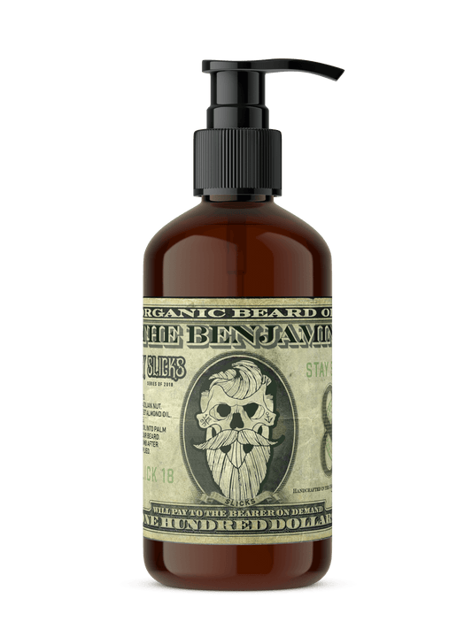 Organic beard oil bottle with black pump and amber glass, Benjamin by Johnny Slicks