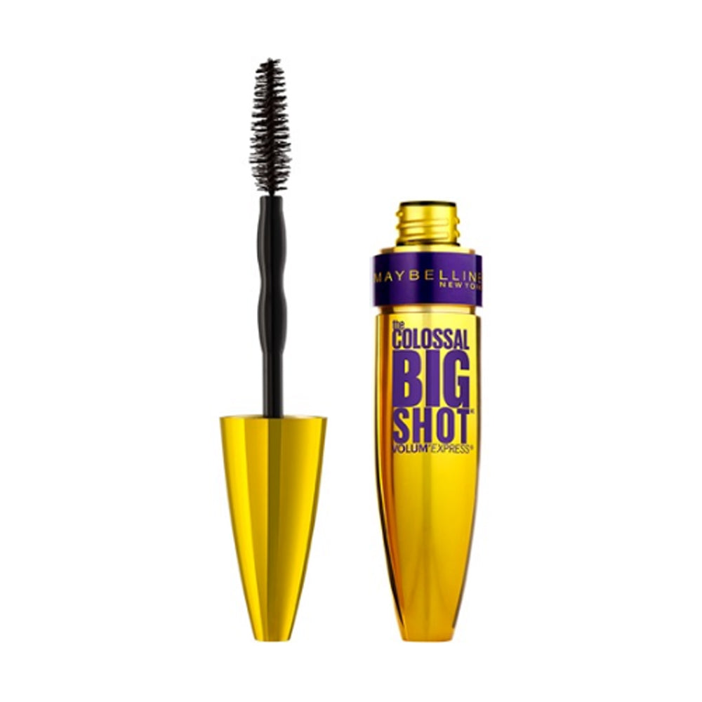 Washable mascara and wand, blackest black, with gold tube and purple label.
