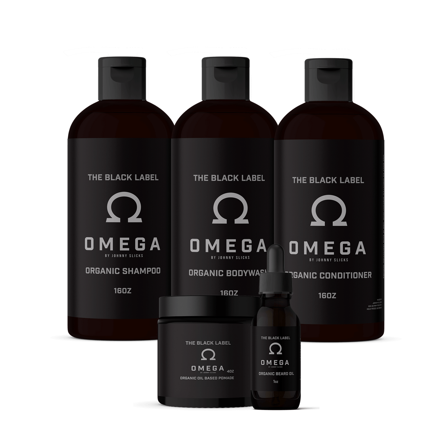 Organic Omega grooming set with pump bottles and beard oil, all black, labels visible.