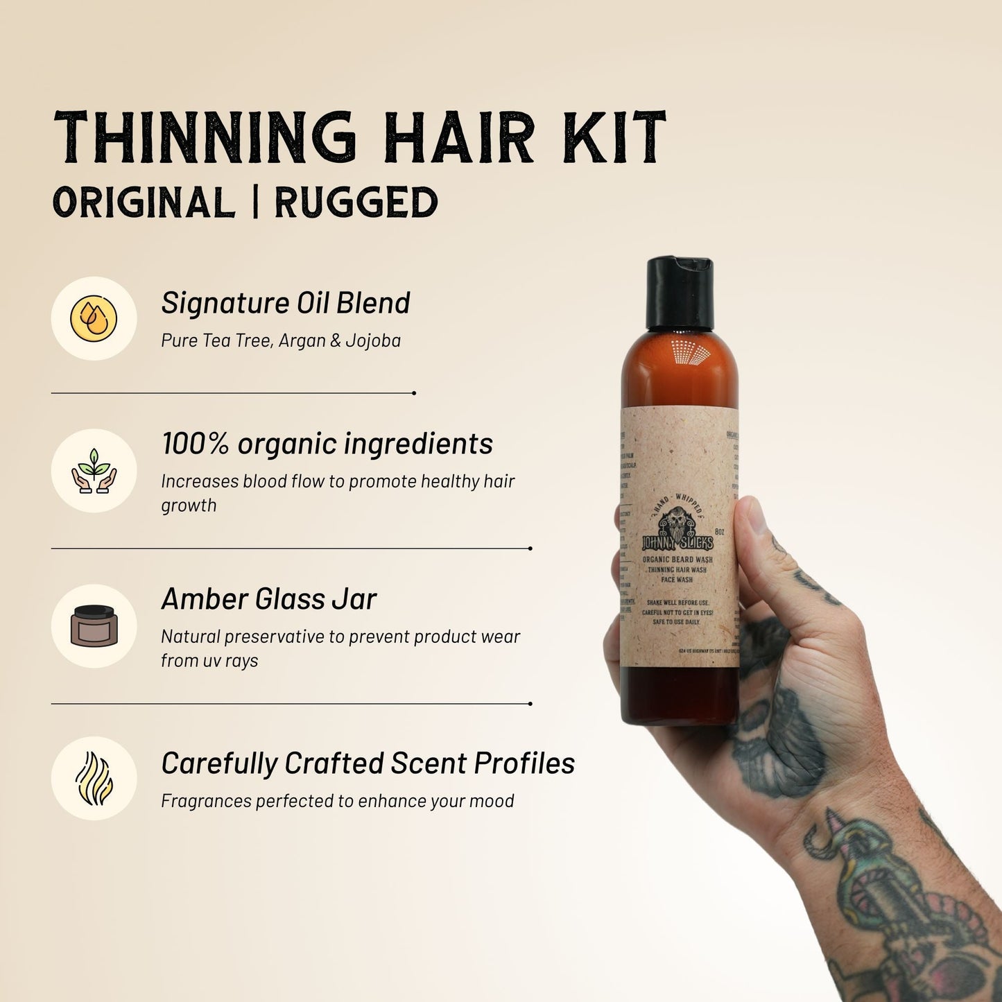 Hair growth kit bottle held in hand with thinning-hair feature icons