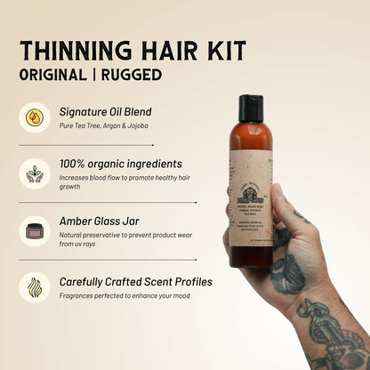 Hair growth kit bottle held in hand with thinning-hair feature icons