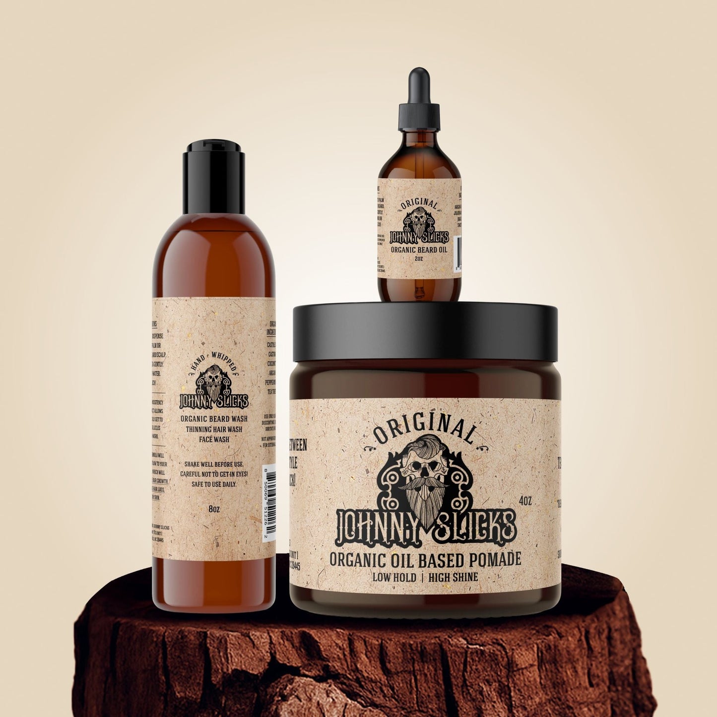 Hair growth kit: amber bottles and oil-based pomade jar, Original labels