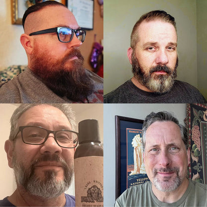 Split portraits of men with beards and hair, showing grooming kit results
