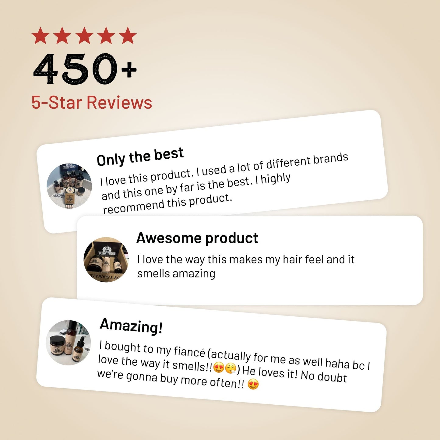 Hair growth kit customer review cards with 450+ five-star rating