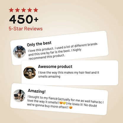 Hair growth kit customer review cards with 450+ five-star rating