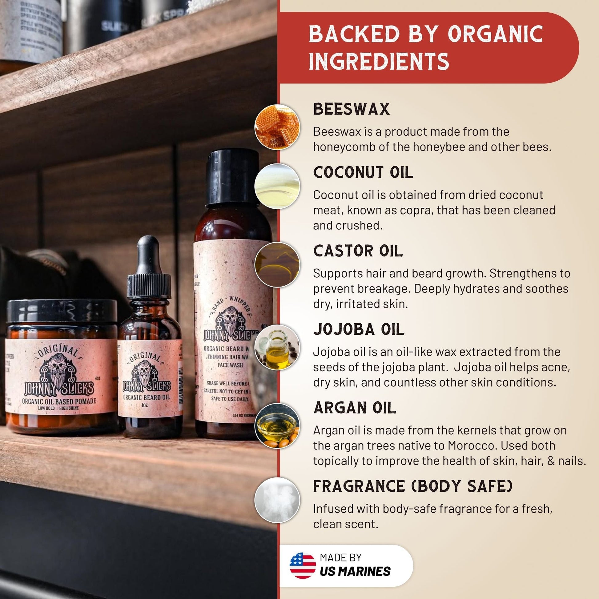 Hair growth kit bottles with beeswax and oils ingredient callouts
