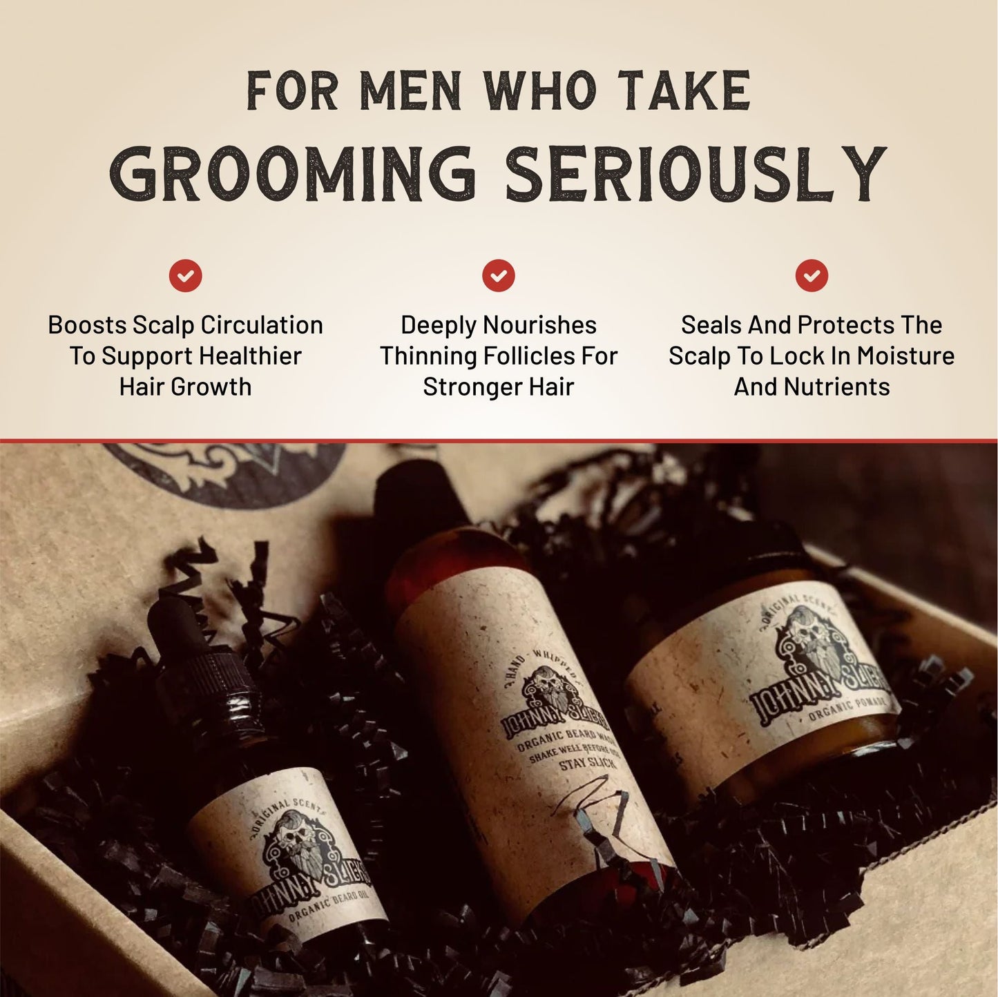 Hair growth kit bottles on wooden surface with grooming benefit icons