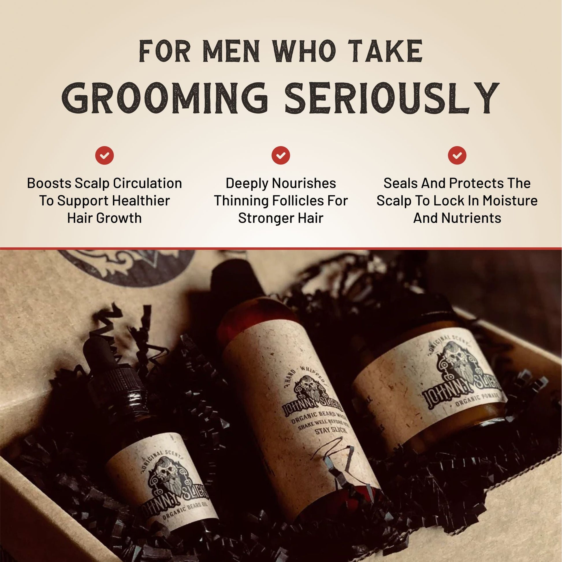 Hair growth kit bottles on wooden surface with grooming benefit icons