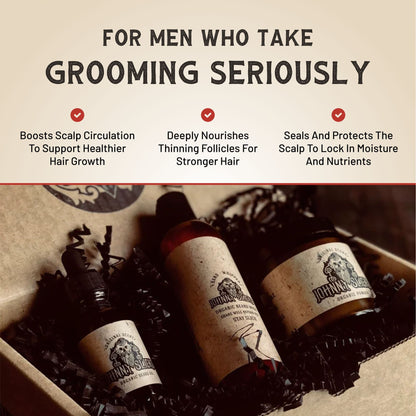 Hair growth kit bottles on wooden surface with grooming benefit icons