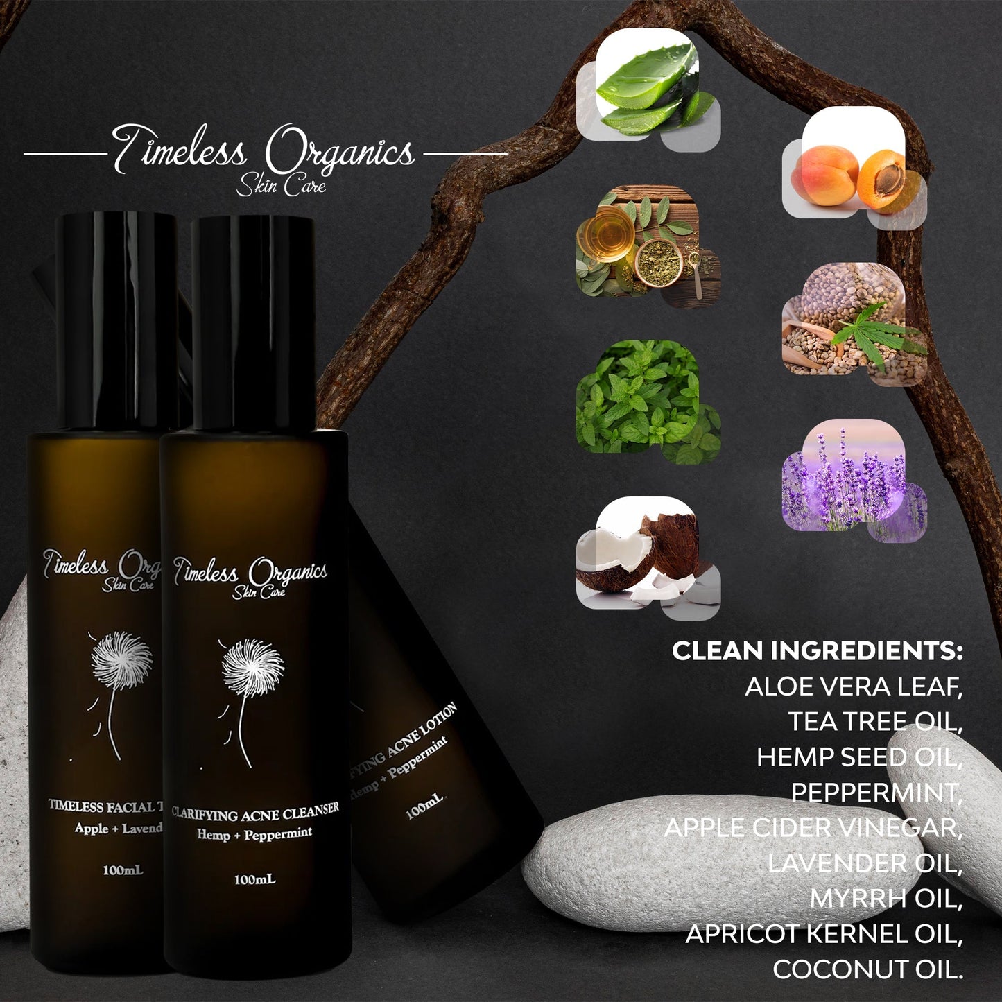 Acne skincare kit bottles with clean-ingredients label and product icons on dark packaging