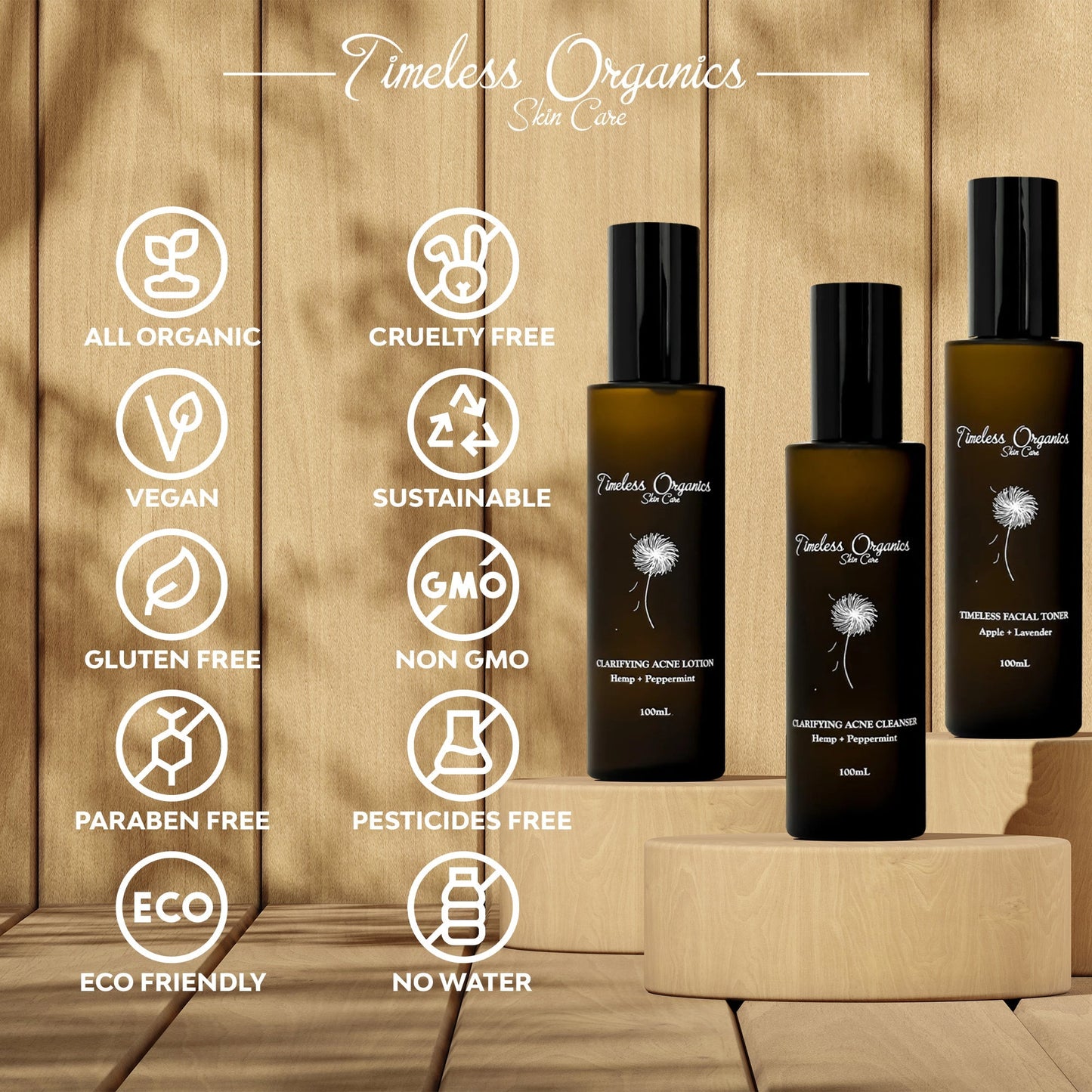 Acne skincare bottles display, amber bottles with black caps on a light wooden stand
