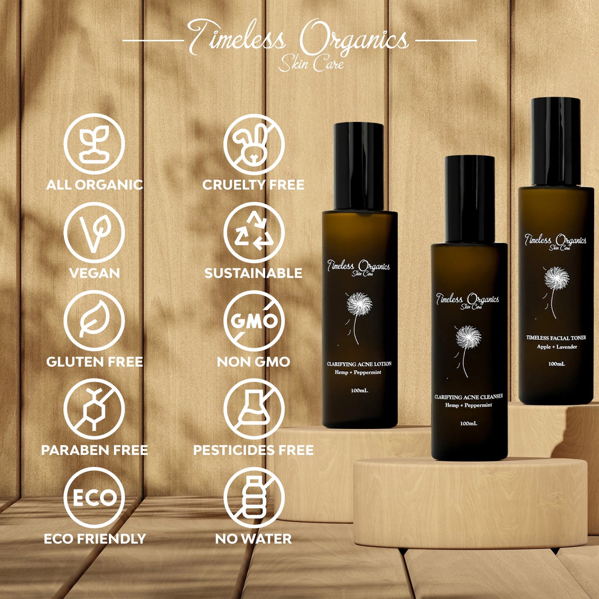Acne skincare bottles display, amber bottles with black caps on a light wooden stand