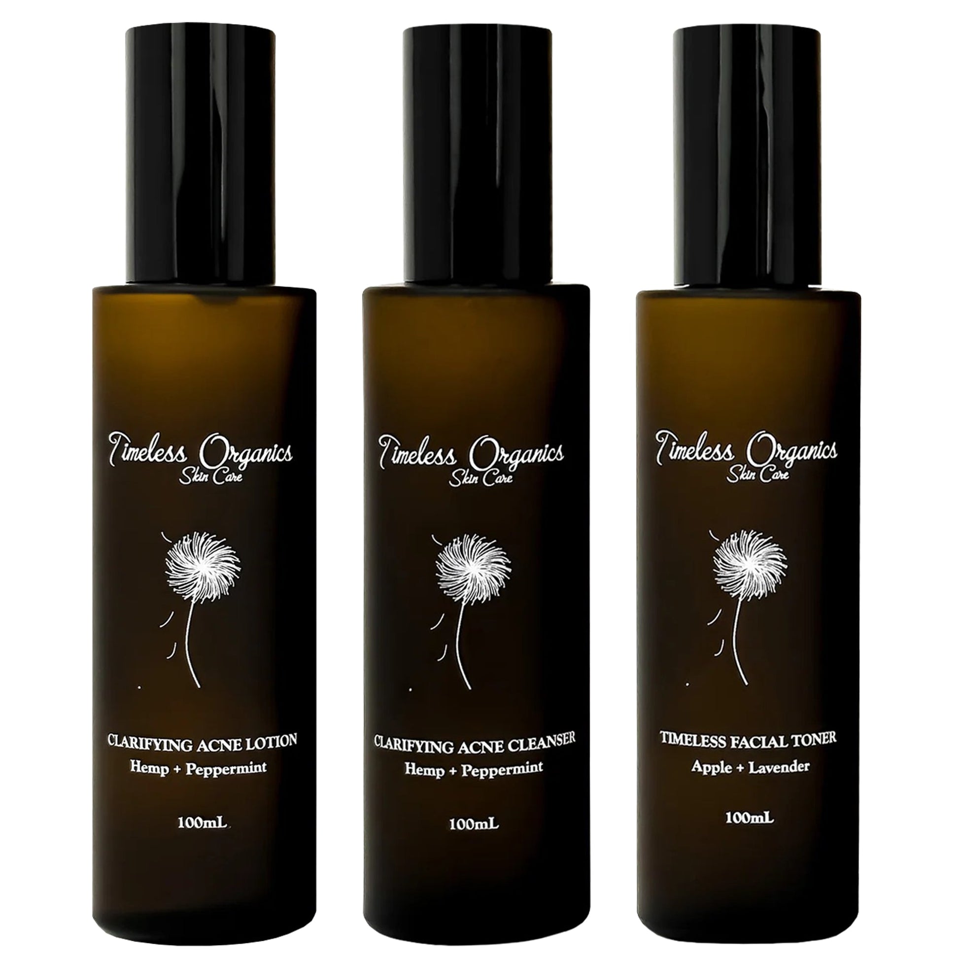 3-step acne skincare bottles set, amber liquid with black caps and clarifying labels