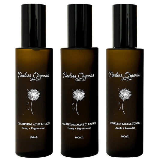 3-step acne skincare bottles set, amber liquid with black caps and clarifying labels