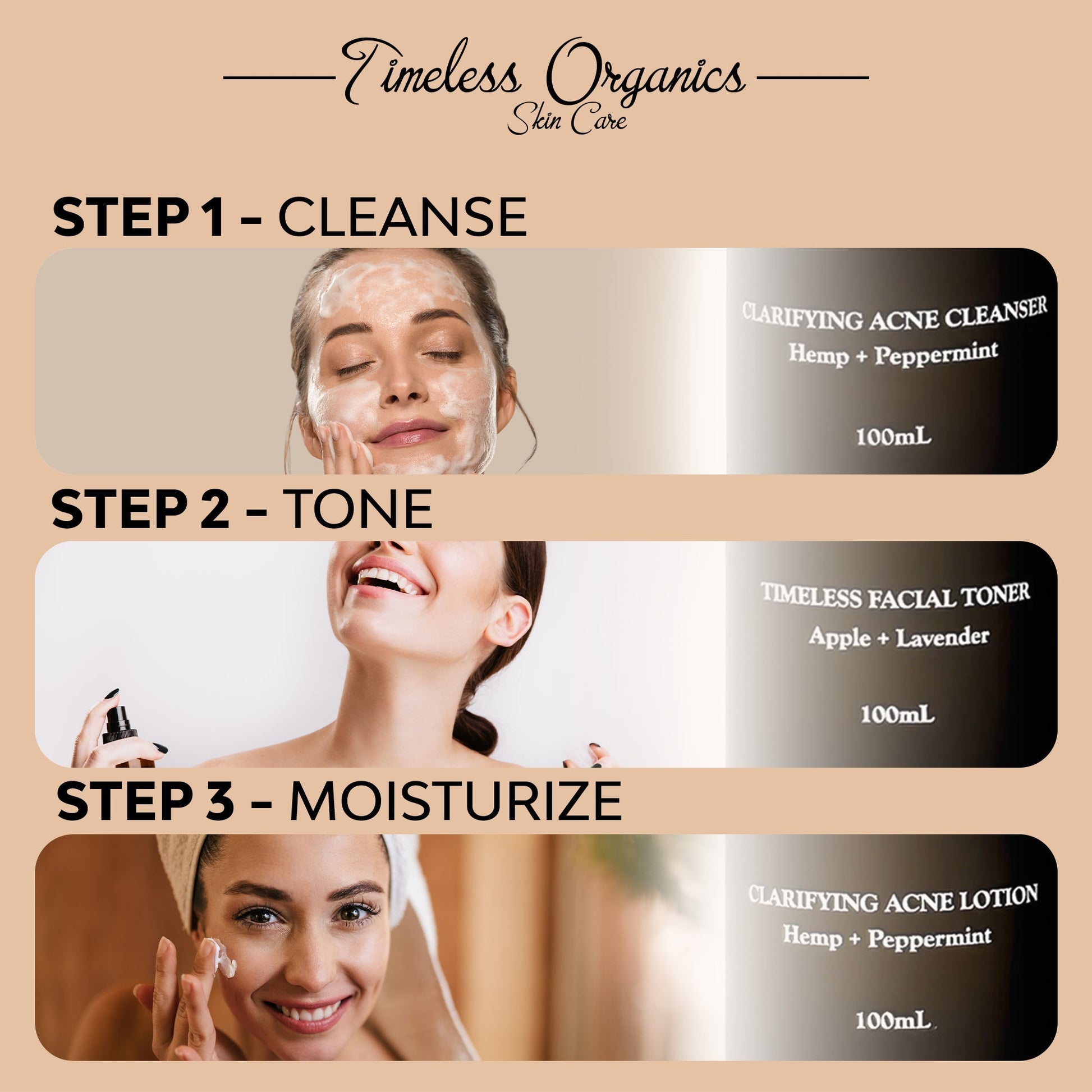 3-step acne skincare routine graphic showing cleanser, toner, and moisturizer on models
