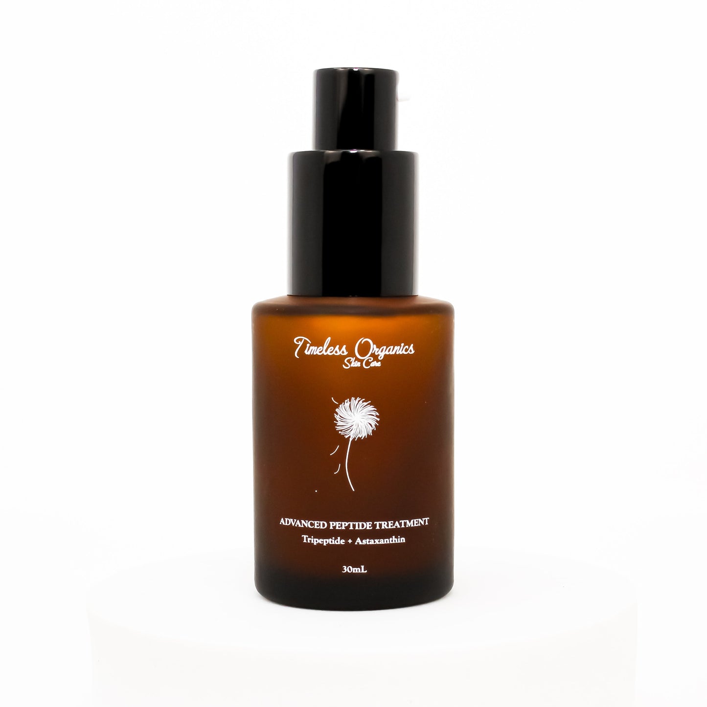 Peptide treatment facial moisturizer bottle with black pump and amber liquid