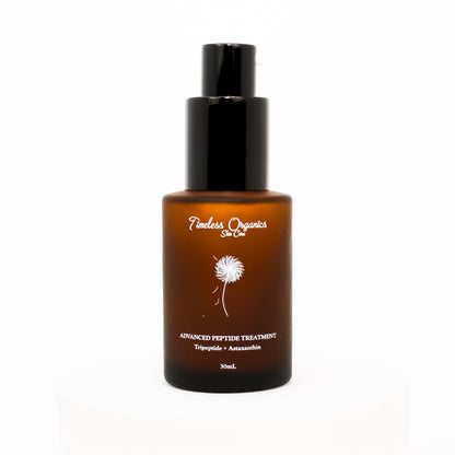 Peptide treatment facial moisturizer bottle with black pump and amber liquid