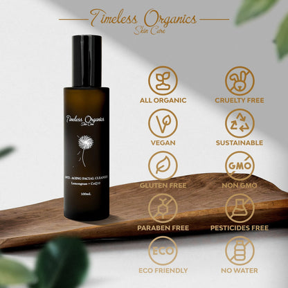 Anti-aging facial cleanser bottle with black pump and golden certification icons