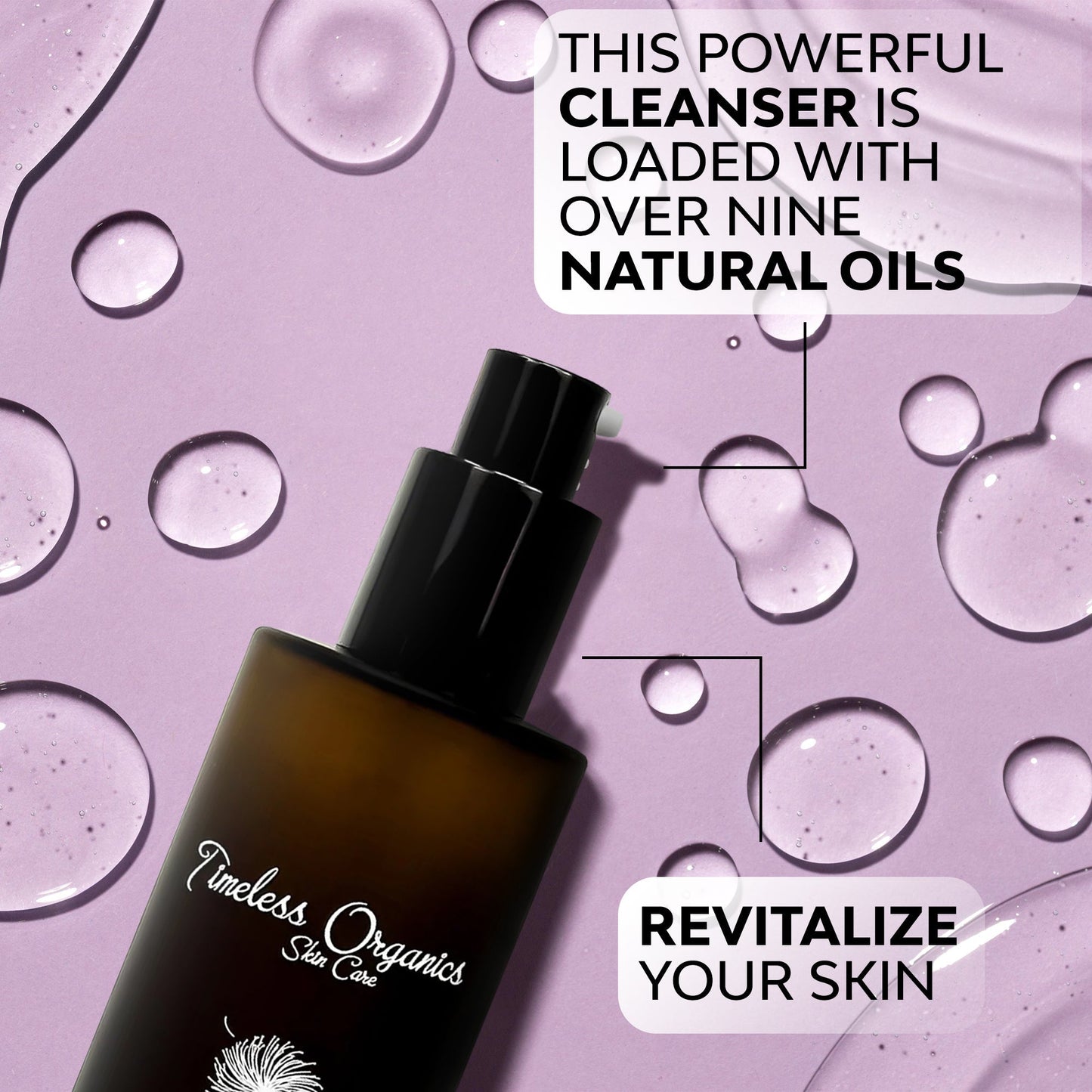Anti-aging facial cleanser bottle with black pump and bubble drop graphic accents