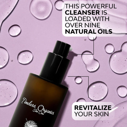 Anti-aging facial cleanser bottle with black pump and bubble drop graphic accents